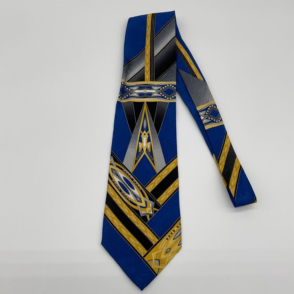 Bachrach Vintage Blue Gold Black Silver White Abstract Silk Mens Neck Tie Italy